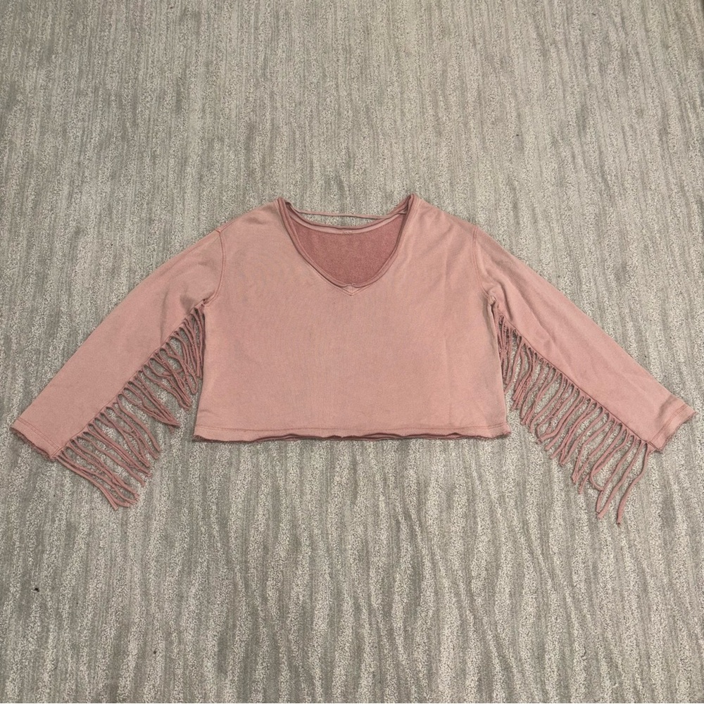 Free People Pink Boho Oversized Fringe Sleeve V-Neck Top Women’s Sz L